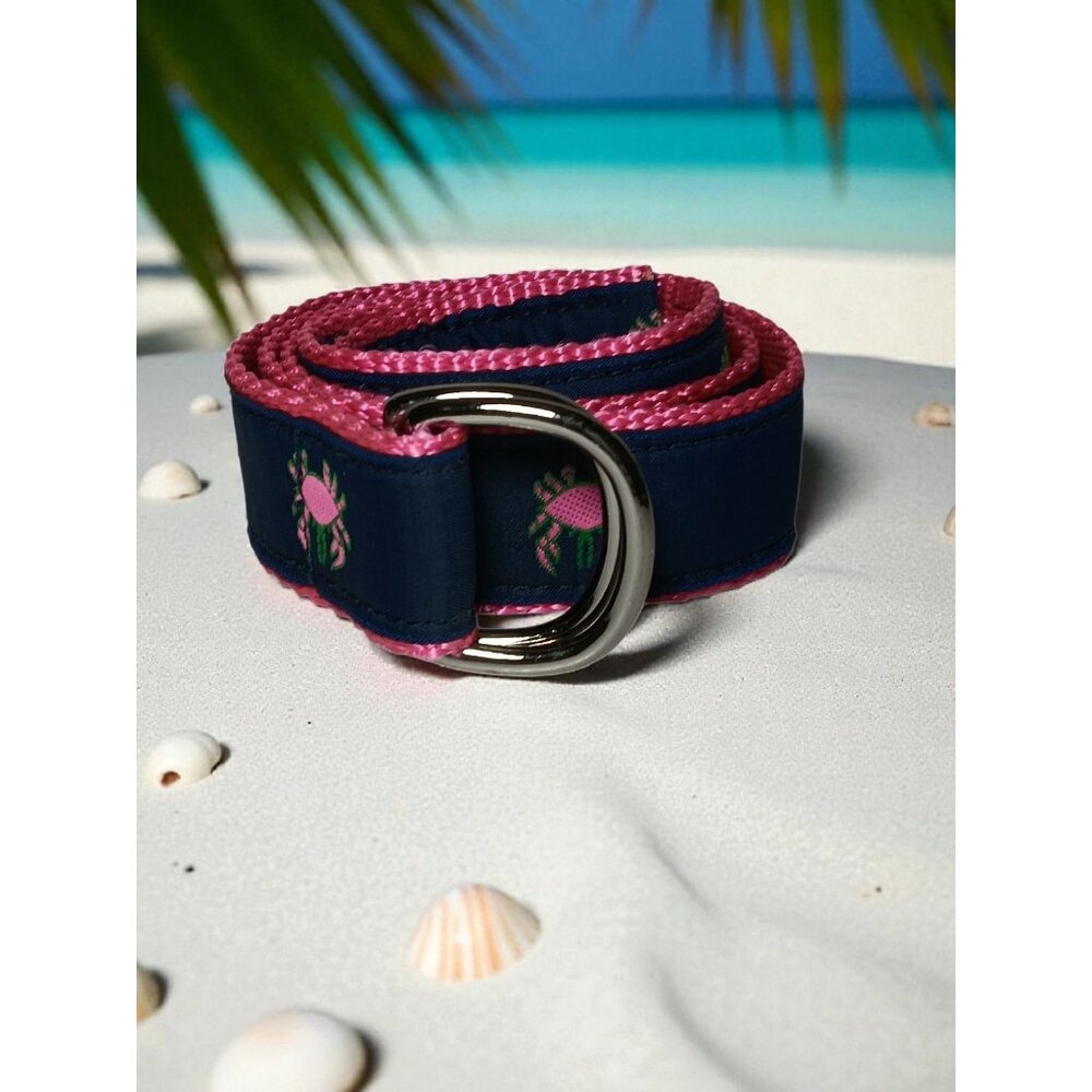 Eliza B Leather Man Belt Pink Crabs Nautical Blue M D Ring Closure